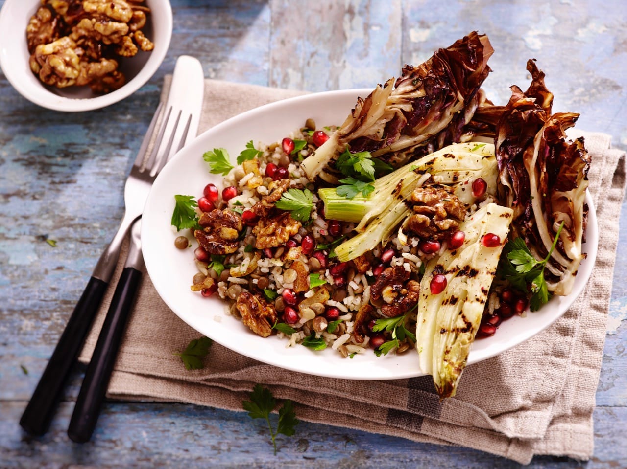 Bosto - linzenmix met venkel en radicchio, granaatappel, walnoten, bruine rijst