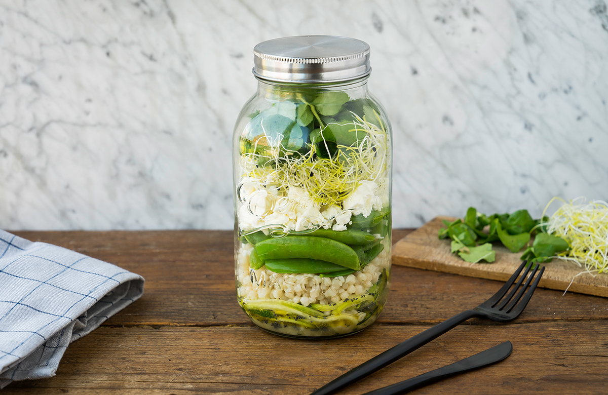 Bosto, bokaalsalade, courgettini, parelcouscous, bosto parelcouscous
